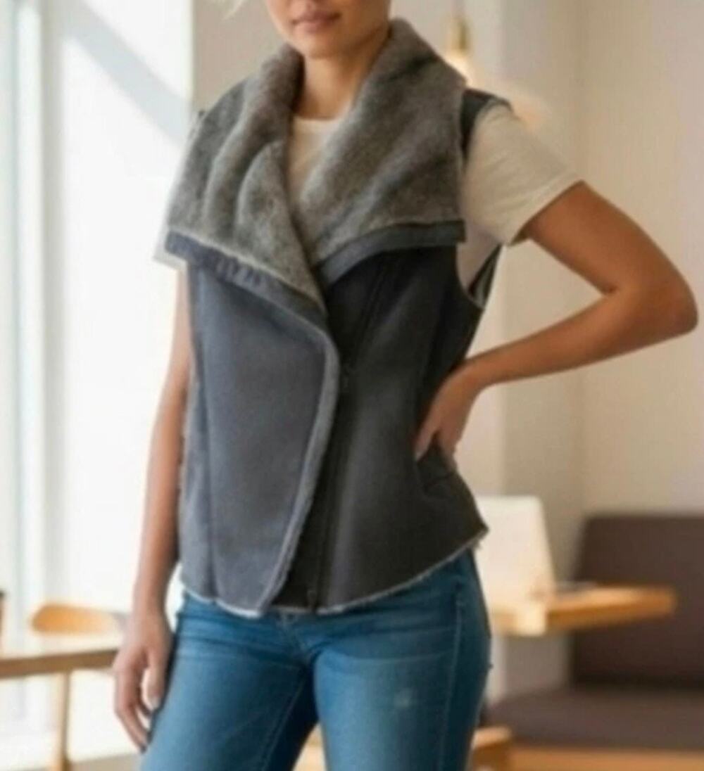 Bebe Faux Suede Fur Vest Charcoal Gray Side Buckle Size S